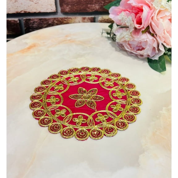 Velvet Medium Pooja Aasan  Dark Pink with Golden Embroidery | Decorative Round Prayer Mat for Mandir & Festive Use
