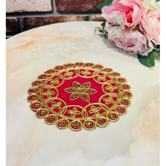 Velvet Medium Pooja Aasan – Dark Pink with Golden Embroidery | Decorative Round Prayer Mat for Mandir & Festive Use