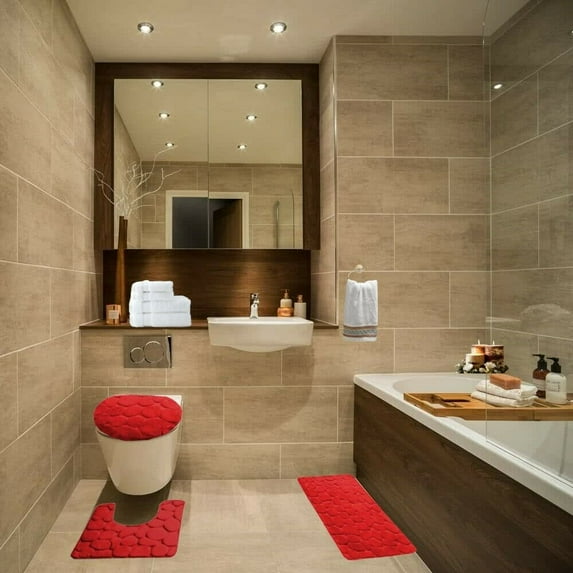 Velvet Memory Foam 3 piece Bathroom Rug Mat Lid Cover Set Non Slip Machine Wash Water Absorbent Red Color for Bathroom Décor