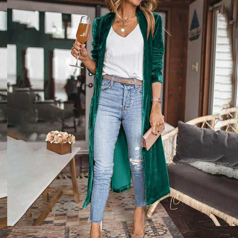 Velvet Mid Length Cardigan Women s Long Velvet Cardigan Jacket Lapel Collar Open Front Vintage Maxi Duster Blazer with Pockets Walmart