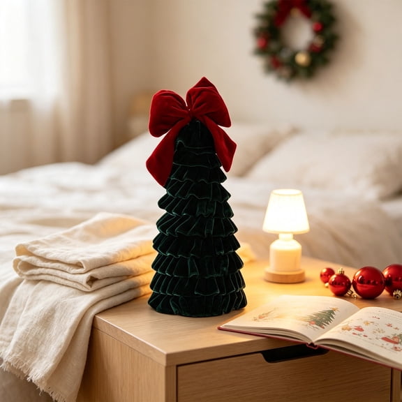 Velvet Mini Christmas Tree Desktop Decorations, 11.81 Inch Green Ruffled Velvet Small Tabletop Tree With Red Bow for Home Window Shelf Display Holiday Scene Arrangement Decor