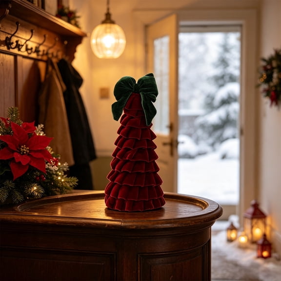 Velvet Mini Christmas Tree Desktop Decorations, 11.81 Inch Red Ruffled Velvet Small Tabletop Tree With Green Bow for Home Window Shelf Display Holiday Scene Arrangement Decor