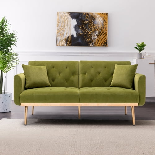 Velvet Mini Sofa, Accent Sofa, Mid Century Modern Velvet Fabric Couch Convertible Futon Sofa Bed, Recliner Couch, Loveseat Sofa with Rose Gold Metal Feet, for Living Room, Bedroom, Olive