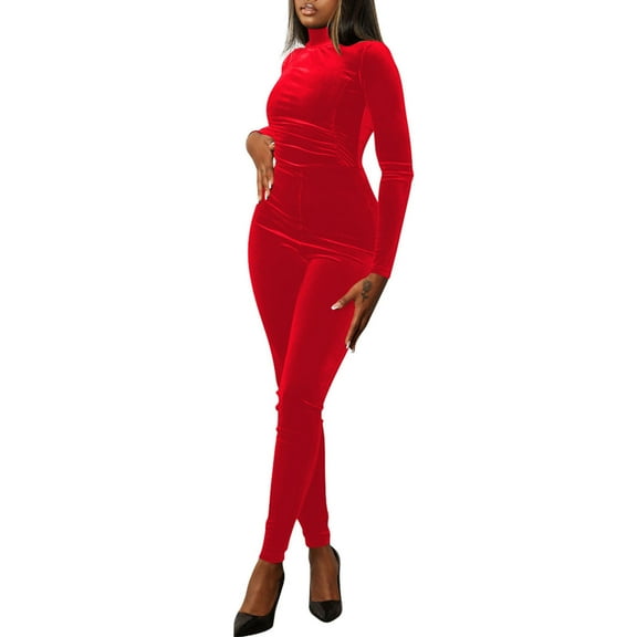 Velvet Mock Neck Jumpsuits for Women Fitted Sexy Long Sleeve Bodycon One Piece Party Clubwear Rompers