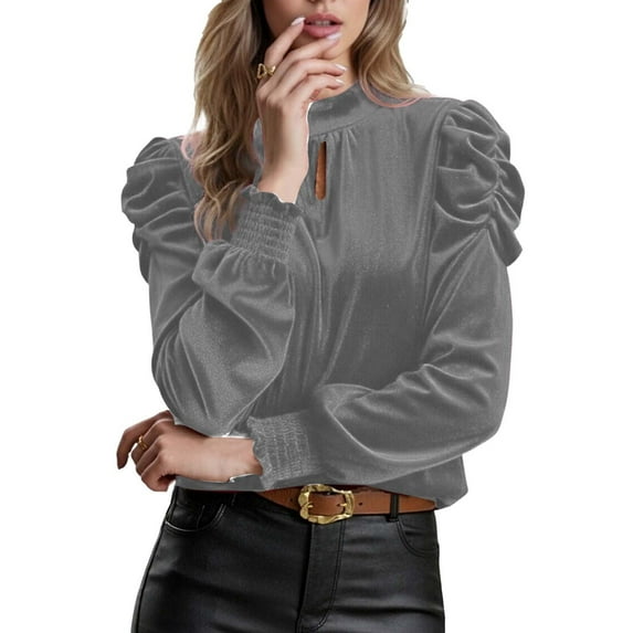 Velvet Mock Neck Shirts for Women Front Cutout Puff Long Sleeve Tops Vintage Solid Elegant Blouse Top Lightweight Slim-Fit Pullover Business Casual Outfits Fall Spring Clothes Gray XXL