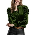thumbnail image 1 of Velvet Mock Neck Shirts for Women Front Cutout Puff Long Sleeve Tops Vintage Solid Elegant Blouse Top Lightweight Slim-Fit Pullover Business Casual Outfits Fall Spring Clothes Green S, 1 of 8