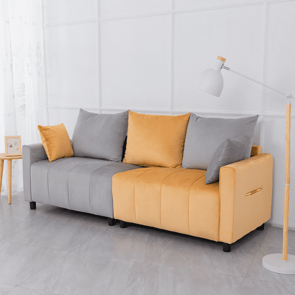 Velvet Modern 2-Seater Sofa, Light Grey & Yellow Two-Tone Sectional Couch with Contemporary Design, 82" Living Room Furniture, Easy Assembly, An Elegant Choice for Home Decoration11179