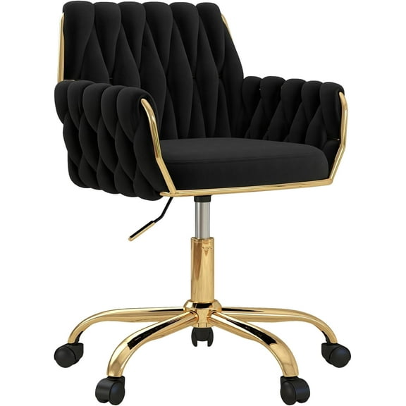 Velvet Modern Home Office Vanity Chair, 360° Swivel Adjustable Height Makeup Desk Chair with Golden Base and Hand Woven Backrest for Bedroom/Study/Vanity (Black)