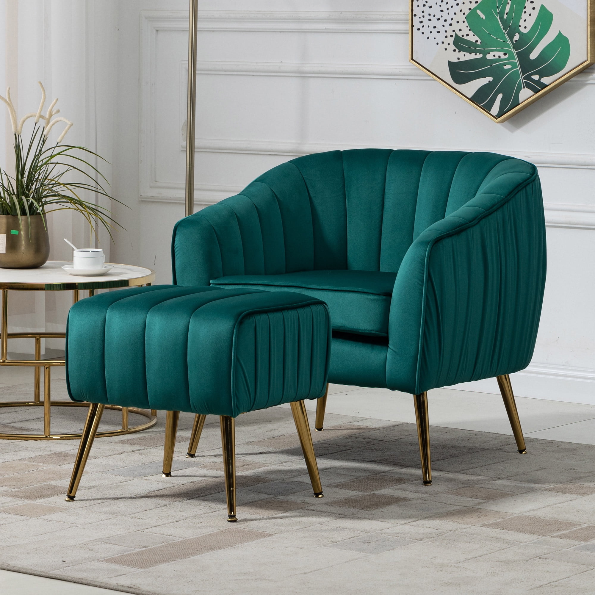 Velvet Modern Tub Barrel Arm Chair Upholstered Tufted with Gold Metal