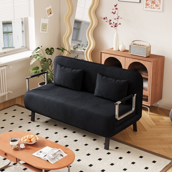 Velvet Multifunctional 55" Convertible Sleeper Chair - Tri-Fold Sofa Bed with Ergonomic Adjustable Back and Pillow for Home Offices and Small Spaces, (Black)