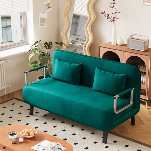 Velvet Multipurpose 55" Convertible Sleeper Chair - Tri-Fold Sofa Bed with Ergonomic Adjustable Back and Pillow for Home Offices and Small Spaces, (Antique Green)