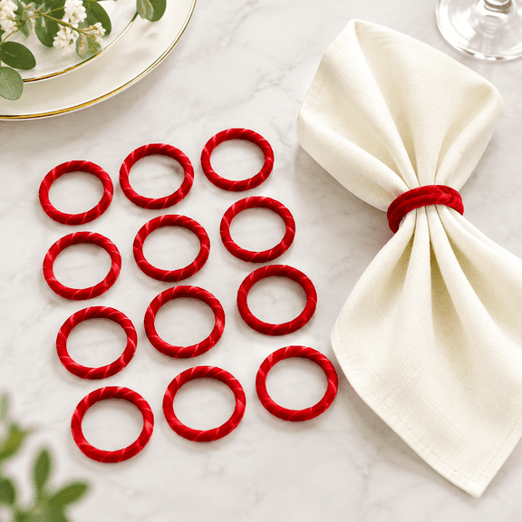 Velvet Napkin Rings Set of 12 - Holiday Thanksgiving Fall Easter Napkin Rings for Table Dinner, Rustic Farmhouse Cloth Napkin Rings Deco(Red, 1.6 Inch)