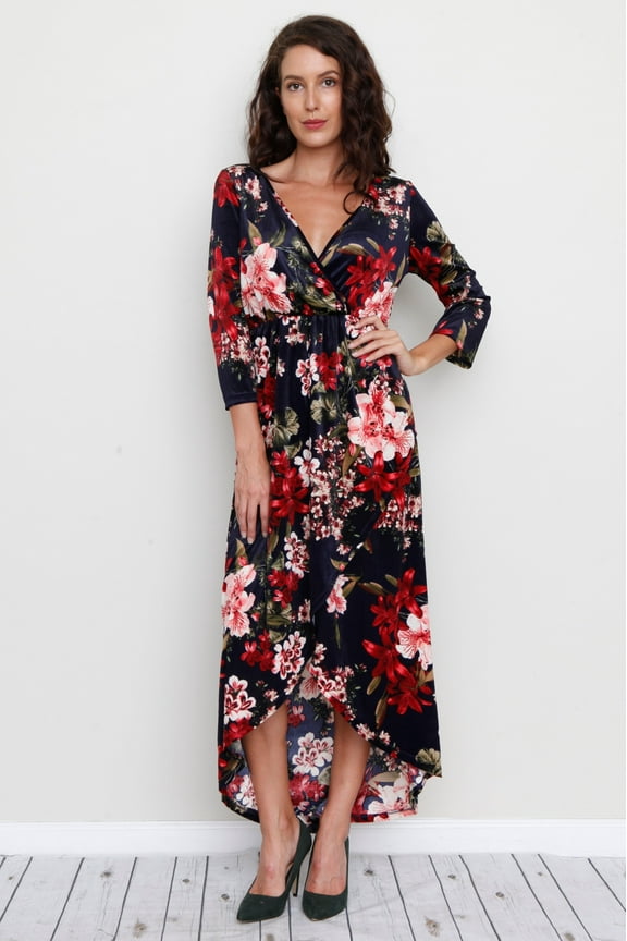 Velvet Navy Burgundy Floral 3/4 Sleeve Surplice Tulip Hem Maxi Dress