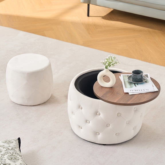 Velvet Nesting Ottomans, Round Storage Ottoman with Tray, 4-in-1 Footstool Coffee Table for Living Room, No Assembly Needed, Hidden Storage & Removable Lid, Beige