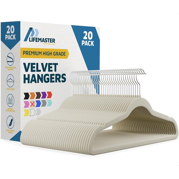 Velvet Non-Slip Hangers - 20 Pieces Non-slip Coat Hanger Set with 360 Swivel Hook, Space-Saving, Sleek Design, Keep Closet Organized, Smooth Velvet Finish, Lightweight Construction - Ivory