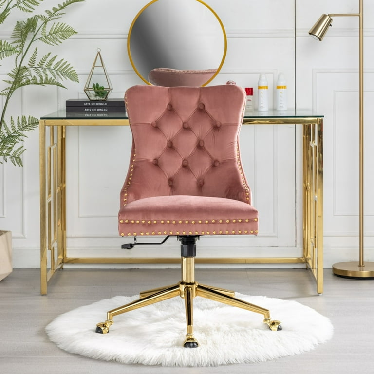 Velvet Office Accent Chair Upholstered Adjustable Swivel Task Chair with Wheels Mid Back Computer Chair with Golden Metal Base Ergonomic Office Desk Chair for Study Living Room Vanity Pink Walmart