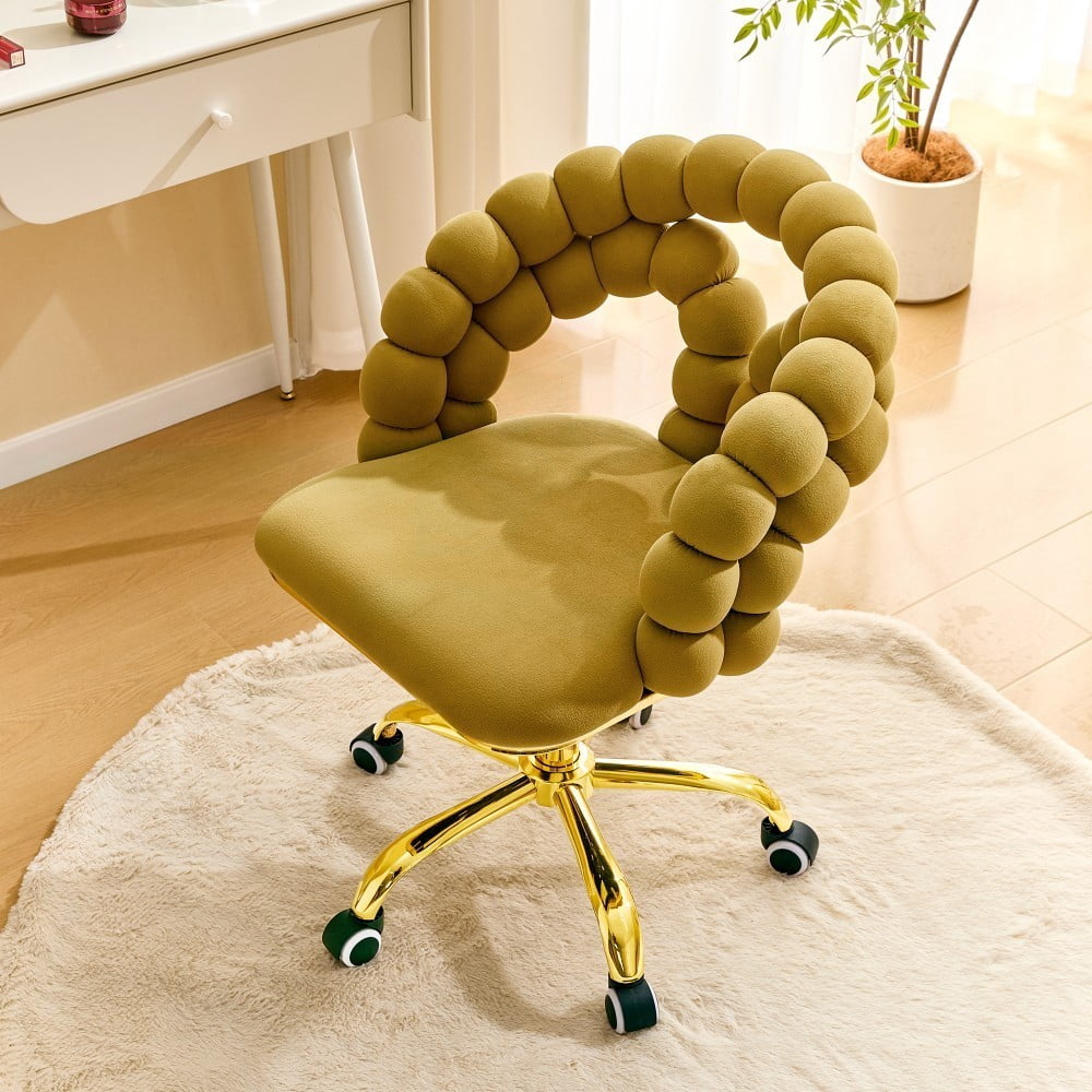 Velvet Office Chair, Adjustable Swivel Desk Chair with Bubble Back, Gold Metal Base, Rolling Vanity Chair for Home Office, Bedroom & Makeup Room, Yellow