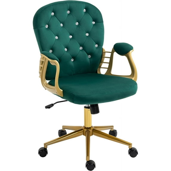 Velvet Office Chair Desk Chair with Gold Base, Comfortable Makeup Vanity Chair with Back and Wheels, Swivel Rolling Chair for Girls Women Study Bedroom, Green