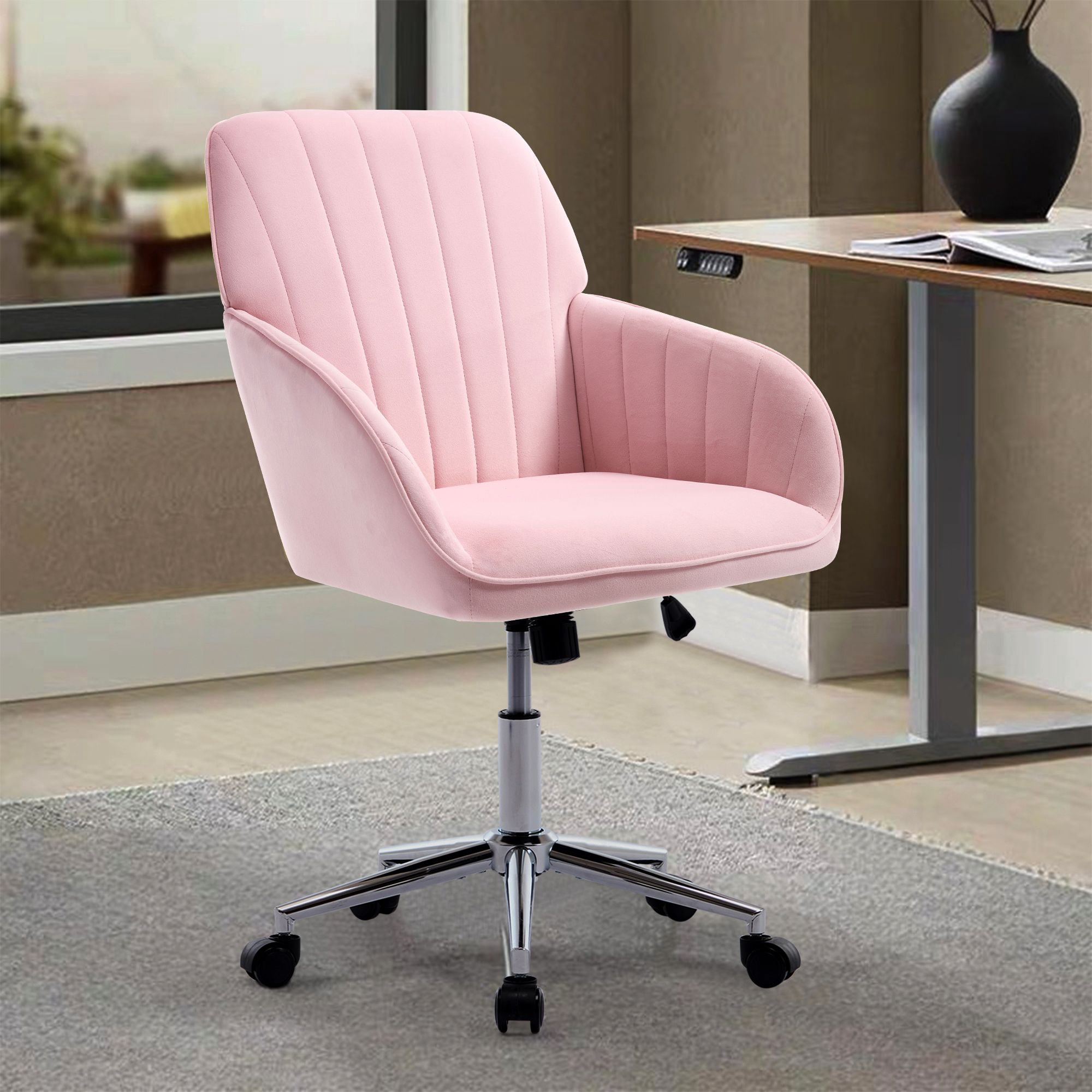 Velvet Adjustable Office Chair - Baby Pink Ergonomic Swivel Chair with Memory Foam Cushion & Lumbar Support - Ideal for Home Office & Bedroom Seating