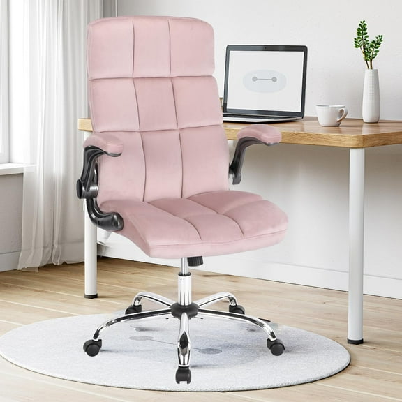 Velvet Office Chairs with Flip up Armrests,  Fabric Home Office Desk Chair with Wheels, Height Adjustable 360° Swivel Rocking Ergonomic Executive Chairs, Pink