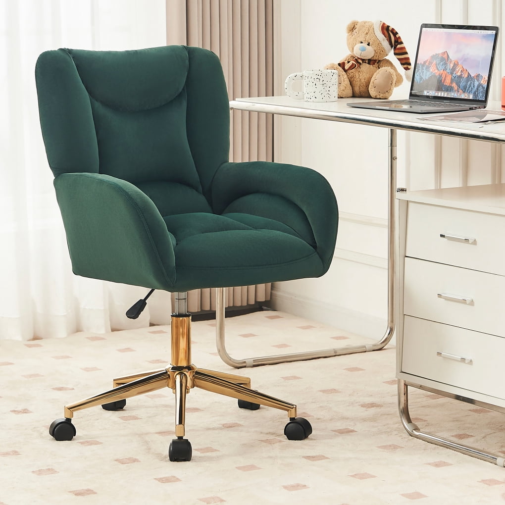 Velvet Office Desk Chair with Gold Metal Base, 360 Degree Swivel Upholstered Vanity Chairs with Arms, Modern Swivel Rolling Chair for Living Room Bedroom, Green