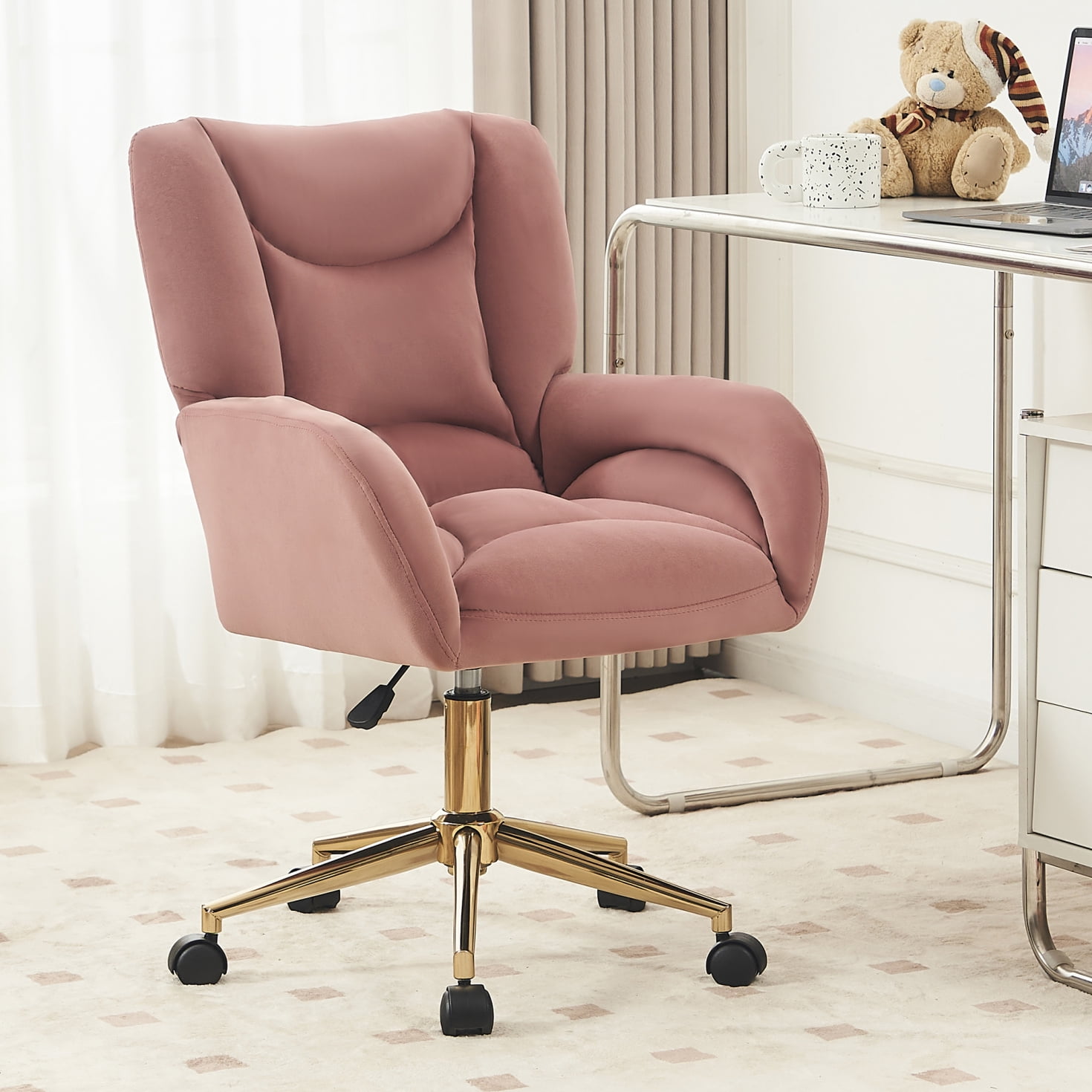 Velvet Office Desk Chair with Gold Metal Base, 360 Degree Swivel Upholstered Vanity Chairs with Arms, Modern Swivel Rolling Chair for Living Room Bedroom, Pink