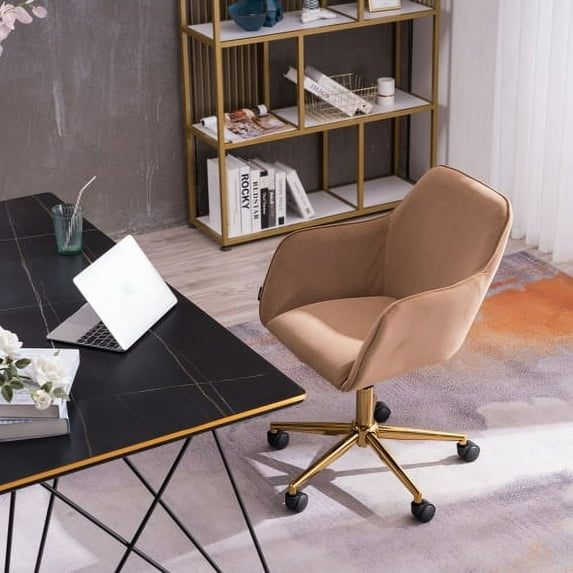 Velvet Office Desk Chair with Mid-Back, Modern Height Adjustable 360° Swivel Upholstered Computer Task Chair with Arms and Wheels for Study Room Living Room Bedroom (Coffee)