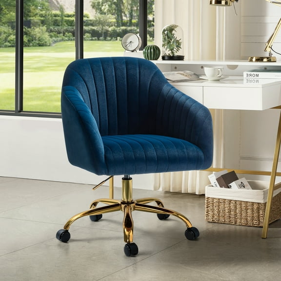 Velvet Office Desk Chair Rolling Vanity Armchair Swivel Adjustable Adult Navy