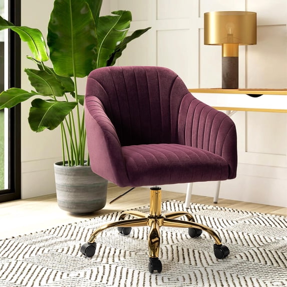 Velvet Office Desk Chair Rolling Vanity Armchair Swivel Adjustable Adult Purple