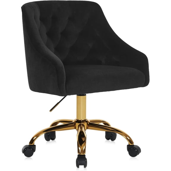 Velvet Office Swivel Chair, Vanity Fabric Desk Pretty Fancy Gold Office Chairs for Girls, 360Swivel Height Adjustable Reception Chair (Black)