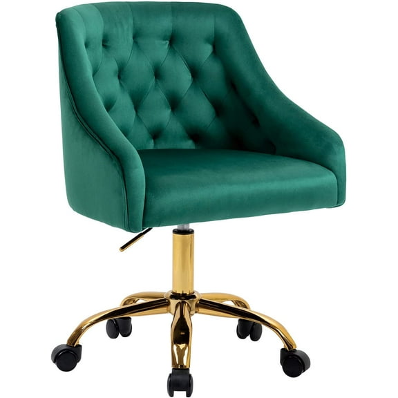 Velvet Office Swivel Chair, Vanity Fabric Desk Pretty Fancy Gold Office Chairs for Girls, 360Swivel Height Adjustable Reception Chair (Green)