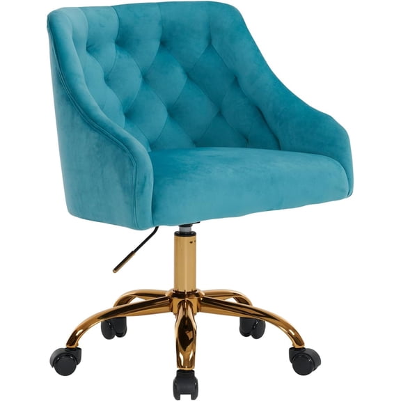 Velvet Office Swivel Chair, Vanity Fabric Desk Pretty Fancy Gold Office Chairs for Girls, 360Swivel Height Adjustable Reception Chair (Lake Blue)