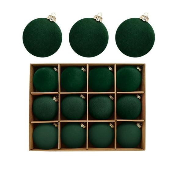 Velvet Ornaments for Christmas Tree,Christmas In July Decorations,Velvet Christmas Ball Ornaments Set,Flocked Hanging Balls for Xmas Tree,Plastic Decorative Baubles(Green 12pcs 2.4in)