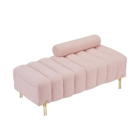 Velvet Ottoman Bench with 2 Storage Drawers and Back Pillow, Comfy Storage Footrest with Solid Wood Frame, Bedside Foot Stool with Sturdy Metal Feet for Living Room, Bedroom, Pink