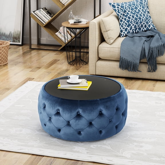 Velvet Ottoman with Button-Tufted Design and Glossy Glass / Make Your Room More Inviting