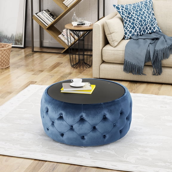 Velvet Ottoman with Button - Tufted Design and Tempered Glass - Add Uniqueness to Your Room