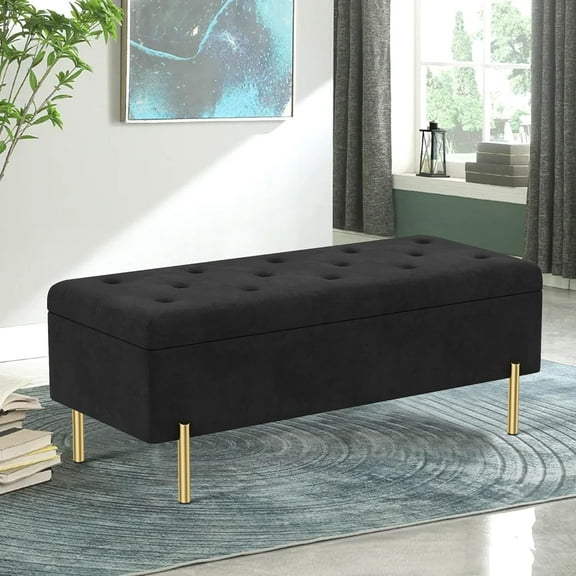 Velvet Ottoman with Storage, Tufted Upholstered Storage for Bedroom Living Room Entryway Rectangular Settee Black