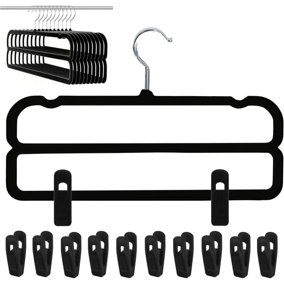 Velvet Pants Hangers with Double Non Slip Bar - with Adjustable Clips- Thin Space Saving Clothes Hanger - 360° Swivel Felt Trouser Hanger Perchas Terciopelo 10 Pack (Black)