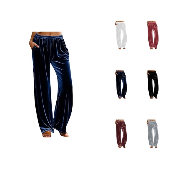 Velvet Pants Women 2026 Fall Winter Elastic Waist Drawstring Wide Straight Leg Casual Loose Dressy Pants with Pockets