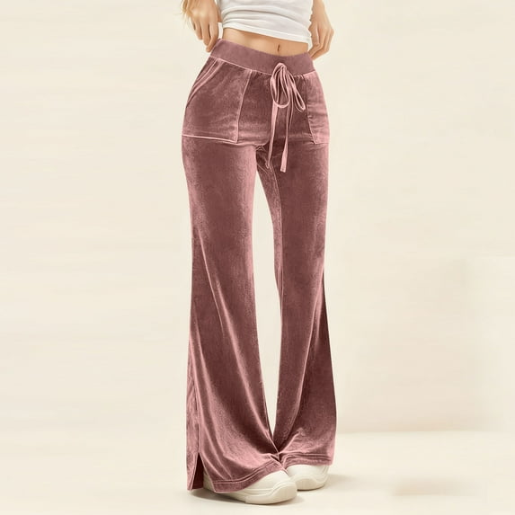Velvet Pants for Women Comfy Velour Casual Flare Pants Wide Leg High Waisted Drawstring Trousers with Pockets New Womens Trousers High Waisted Pinky XL