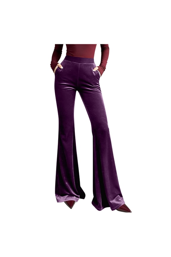 Velvet Pants for Women High Waisted Elastic Waist Flared Pant with Pockets Lightweight Slim Fitted Trousers Athletic Casual Trouser Solid Loose Fit Slacks 2026 Spring Fall Outfits