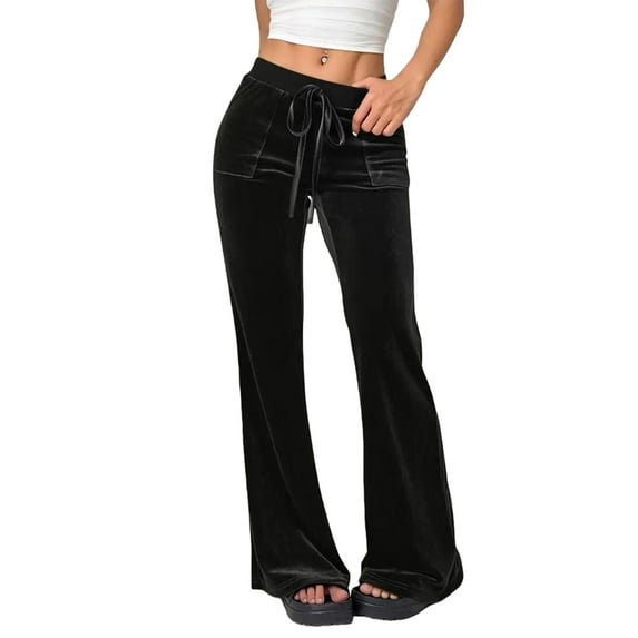 Velvet Pants Women Lounge Comfy Velour Flare Pants Casual Wide Leg High Waisted Drawstring with Pockets Black L