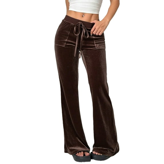 Velvet Pants Women Lounge Comfy Velour Flare Pants Casual Wide Leg High Waisted Drawstring with Pockets Brown S