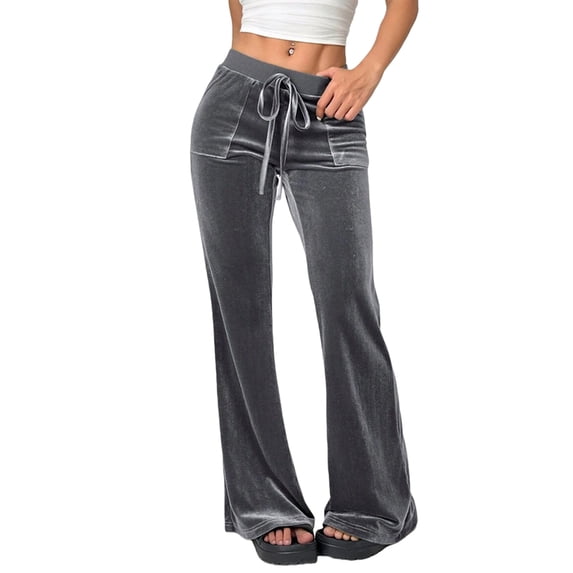 Velvet Pants Women Lounge Comfy Velour Flare Pants Casual Wide Leg High Waisted Drawstring with Pockets Gray XL