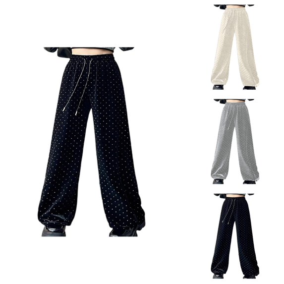 Velvet Pants Women Rhinestone Elastic High Waist Wide Straight Leg Casual Loose Dressy Sparkly Pants Clubwear Dancewear