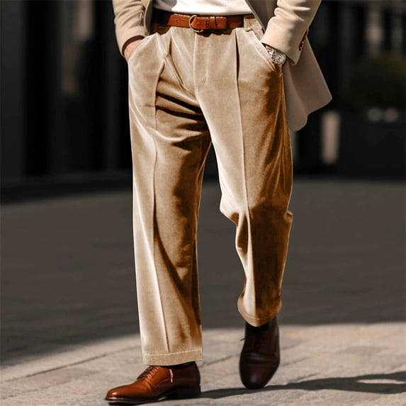 Velvet-Pants for Men with Pockets Dress Straight Leg Trousers Mens Vintage Solid Color Elastic High Waisted Comfortable Business Casual Work Pant