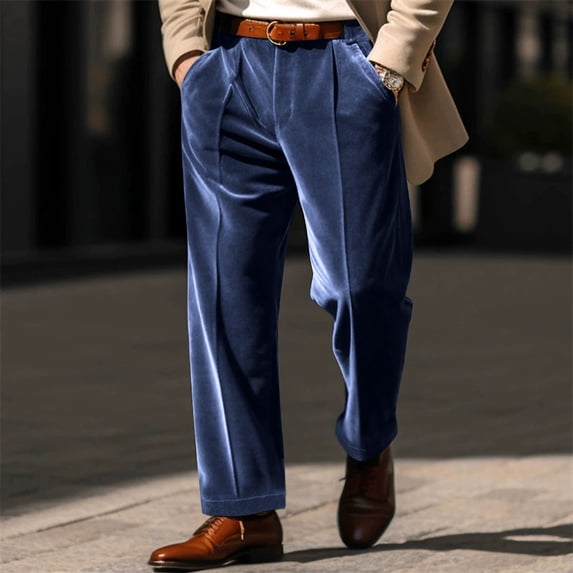 Velvet-Pants for Men with Pockets Dress Straight Leg Trousers Mens Vintage Solid Color Elastic High Waisted Comfortable Business Casual Work Pant