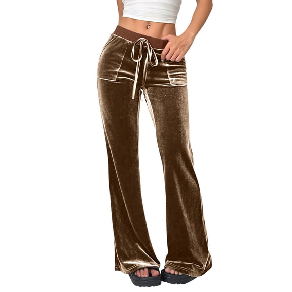 Velvet Pants for Women Flare Leg Dressy Velour Palazzo Work Pants with Pockets Coffee S