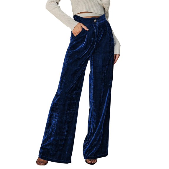 Velvet Pants for Women High Waisted Wide Leg Palazzo Pants Causal Outfits Long Flowy Trousers with Pockets