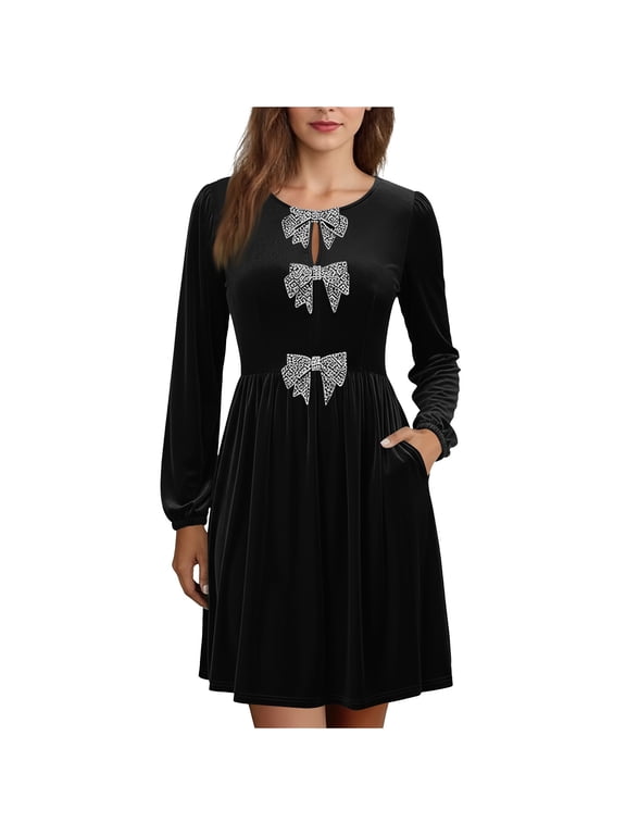 Velvet Party Dress for Women with Diamond-Studded Bowknots Elegant Casual Long Sleeve Pleated Swing Short Gowns (M, Black)